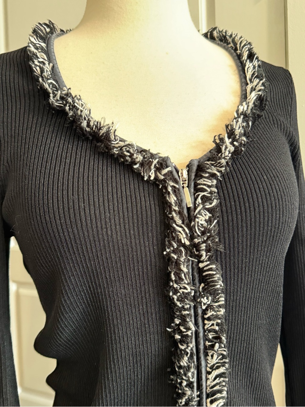 Cache Black Ribbed Cardigan with Black and White Fringe Trim - Picture 3 of 5